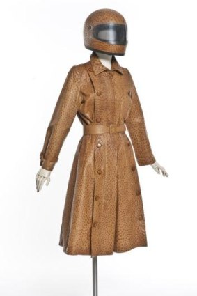 Pierre Balmain's coat and helmet made from ostrich skin, 1977,  <i>Fashion Icons: Masterpieces from the collection of the Musee des Arts Decoratifs, Paris</i>, Art Gallery of South Australia.