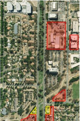 Northbourne Avenue public housing: Buildings marked in red will be demolished, those in yellow will be protected.