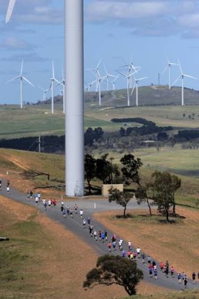 Runners pass one of the towers at the "Run with the Wind" fun run at the Woodlawn Wind Farm, near Bungendore.