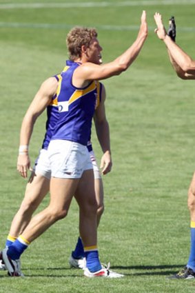 Brad Ebert of the Eagles celebrates a goal with team mate Quinten Lynch during the round two AFL match between Port Adelaide Power and the West Coast Eagles at AAMI Stadium on April 2, 2011 in Adelaide, Australia. <i>Photo: Getty Images</i>