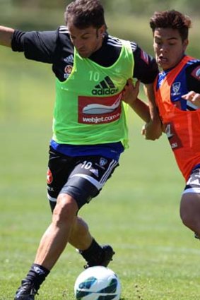 Tussle &#8230; Alessandro Del Piero battles with Hagi Gligor as Sydney FC train for Sunday's game against Perth Glory.