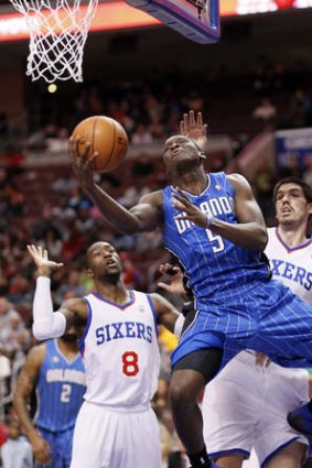 Orlando Magic guard Victor Oladipo drives in for a layup against the Philadelphia 76ers.