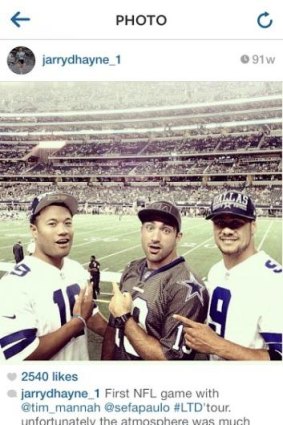 Stateside: Jarryd Hayne with Parramatta teammates Tim Mannah and Joseph Paulo at a Dallas Cowboys game.