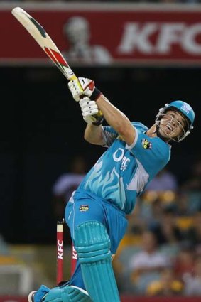Luke Pomersbach smashes a six during his spectacular knock of 82 off 42 balls against the Hurricanes.
