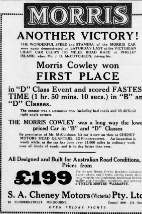 An advertisement for Morris Cowley cars placed in The Age on April 4, 1928. A Morris Cowley car won the D class event on Phillip Island.
