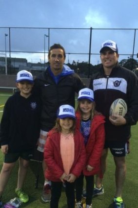 Welcomed: Andrew Johns (left) and Jamie Lyon during their visit to the Mona Vale Raiders.