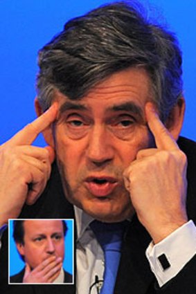 Prime Minister Gordon Brown and Tory leader David Cameron (inset).