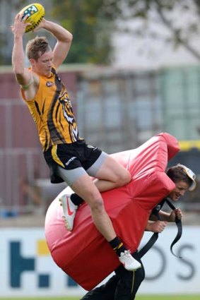 High flyer ... Jack Riewoldt practises his marking for tonight's big clash against expected top-four finisher, Carlton.