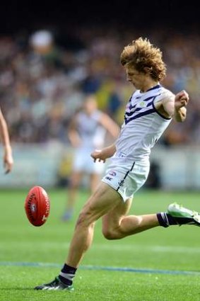 Oh no: Nat Fyfe misses a relatively easy chance on Saturday.