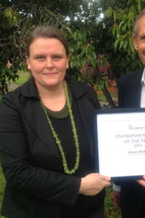 Inaugural Bob Brown Foundation environmentalist of the year, Jenny Weber, with the former Greens leader in Hobart.