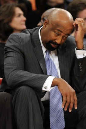 New York Knicks head coach Mike Woodson reacts to his team falling behind the Boston Celtics.