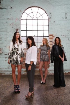 Model Sarah Burns, Designer Lisa Ho, Model Chelsea Trotter and Designer Kym Ellery pose at Carriageworks.
