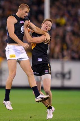 Touchy subject: Jack Riewoldt found the going tough against Carlton.