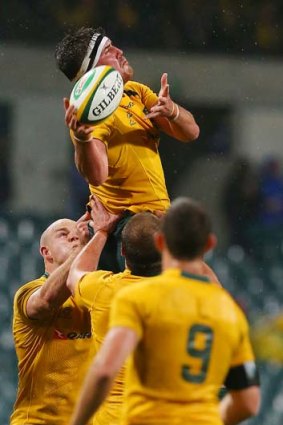 Kane Douglas of the Wallabies goes up during a lineout against Argentina at Patersons Stadium in Perth on Saturday.