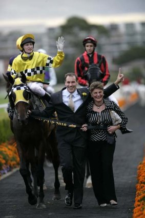 Elated ... Jason Abraham leads Jessicabeel back after her stunning Sydney Cup win yesterday.