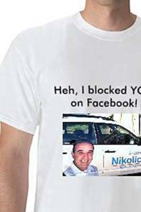 The T-shirts produced by the 'Andrew Nikolic blocked me' Facebook page.