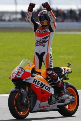Honda MotoGP rider Marc Marquez of Spain celebrates after winning the British Grand Prix at the Silverstone Race Circuit on Sunday.