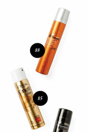 Luxe to less (from top): Fudge Skyscraper Hairspray, $8, priceline.com.au. L’Oréal Paris Elnett Satin Very Volume Supreme Hold, $5, lorealparis.com.au. Tresemmé Extra Hold Hairspray, $4, 1800 061 027.