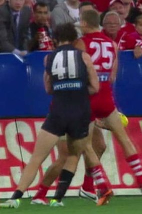 The moment in question: Sydney defender Ted Richards collides with Carlton’s Levi Casboult.