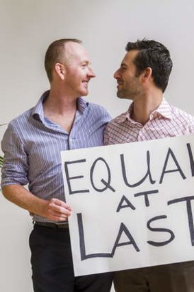 Celebrating marriage equality: Nathan Thomas and Maikol Nobrega after the bill was passed.