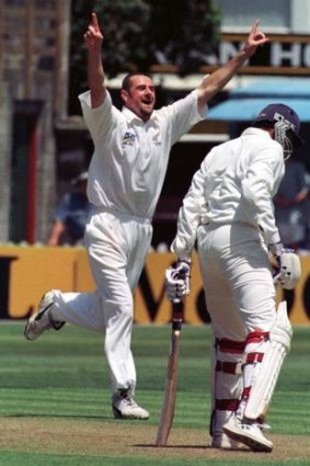 In another life: Simon Doull celebrates a Test wicket for New Zealand against India in 1998.