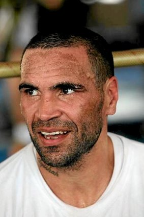 Anthony Mundine talks to the media at his Redfern gym before departing for the US to fight Bronco McKart.