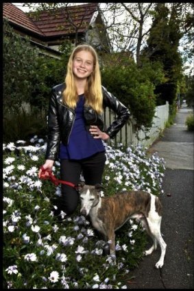 On screen: Melbourne actor Angourie Rice, 13, pictured at home with her dog, a whippet called Mike.