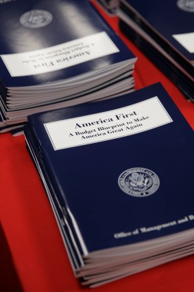 Copies of US President Donald Trump's first budget, "America First: A Budget Blueprint to Make America Great Again".