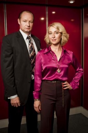 Critically acclaimed ... Asher Keddie as Ita Buttrose and Rob Carlton as Kerry Packer in <i>Paper Giants.</i>
