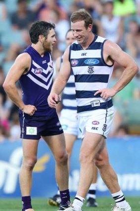 Steve Johnson reacts as Hayden Ballantyne stands nearby during last Saturday's NAB Cup match.