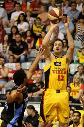 Tigers veteran Mark Worthington shoots a basket during the round nine NBL match between the Melbourne Tigers and the New Zealand Breakers.