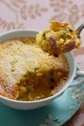 Passionfruit self-saucing pudding.