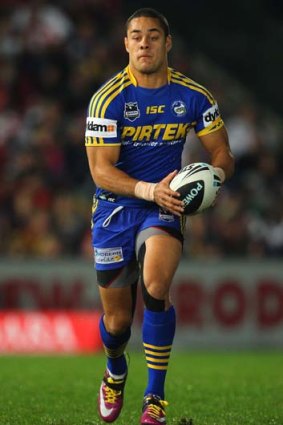 On the hop ... Parramatta fullback Jarryd Hayne takes the ball up against the Dragons on Friday night. He will be primed for a big performance in the second state of Origin clash, in Sydney.