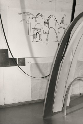 Eero Saarinen, seen here in 1958 with a model of his Gateway Arch in St Louis, is the focus of <i>The Architect who Saw the Future</I>.