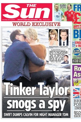 Swift and Tom Hiddleston pictured on the front page of The Sun kissing on a remote Rhode Island beach.