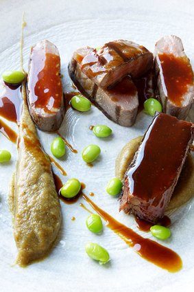 Chargrilled lamb with podded edamame.