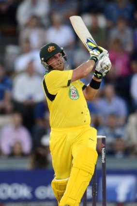 Crunch time: Aaron Finch blasts one of his 14 sixes in a whirlwind 156 from just 63 balls.