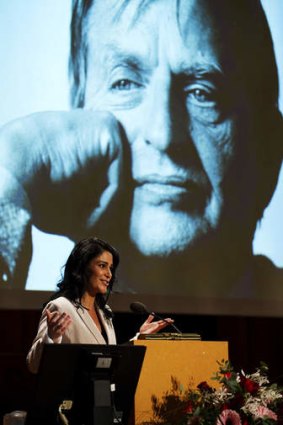 Standing tall: Cacho delivers a speech during a ceremony at the Swedish Parliament in Stockholm in 2012.