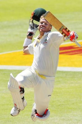 David Warner of Australia celebrates after his second century of the Third Test.