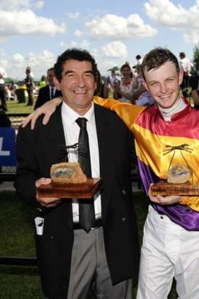 Gratz Vella with jockey Richard Bensley after winning the 2011 Black Opal Stakes with You're Canny.
