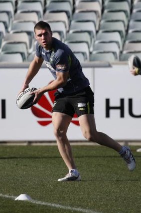 Mark Nicholls at yesterday's captain's run. The Leeton product will make his NRL debut tonight for the Raiders.