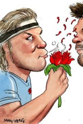 This week's illustration up for grabs ... Waratahs captain Michael Hooper and the Crusaders Richie McCaw before this year's Super Rugby final.