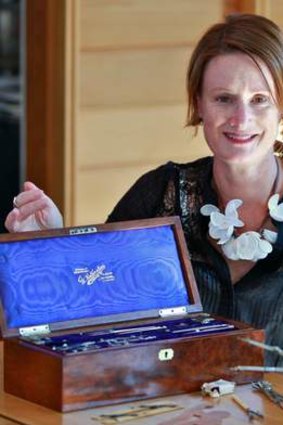 Vanessa Bird with her box of drawing instruments.
