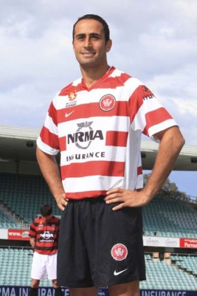 Kitted out &#8230; Tarek Elrich models the Wanderers' away kit.