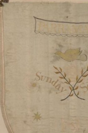 Embroidered banner dated 1815, which the state library believes was made to mark the opening of the first Sunday School in Parramatta.