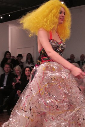 Jenny Bannister learnt to improvise, a creative alternative to compromise, and created dresses like this one, made of plastic covered in splattered paint. 