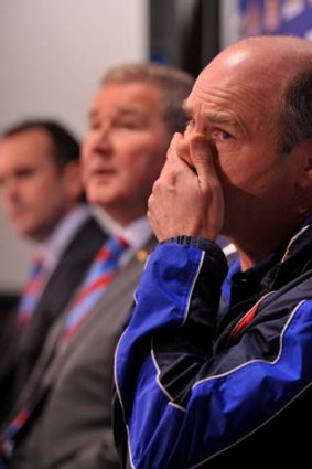Out of answers ... Rodney Eade reacts at the press conference announcing his dismissal as the coach of the Western Bulldogs.
