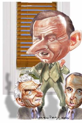 Rocco Fazzari portrayed Simon Crean standing on the shoulders of Bob Hawke and Paul Keating.