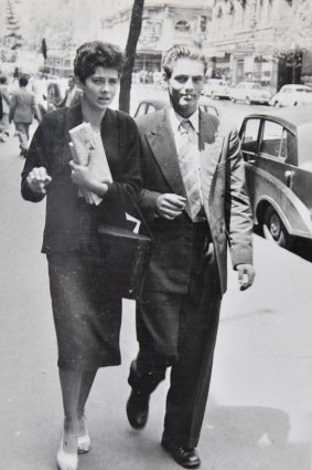 Former criminal Patrick Shiels with his girlfriend (name unknown) in Collins Street in 1958.