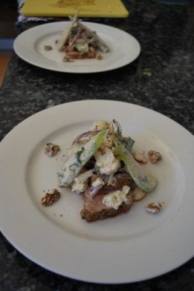Plated up - Kat and Andre’s Coriander Pork Fillet with Pear, Cauliflower and Walnut Salad.